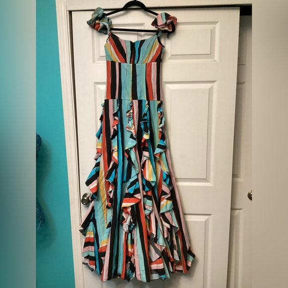 Caroline Constas Ruffle Rainbow Stripe Gown Maxi Dress in Black Multi - Picture 7 of 9